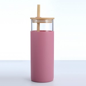 16.8oz Wood Lid Silicone Sleeve Glass Tumbler