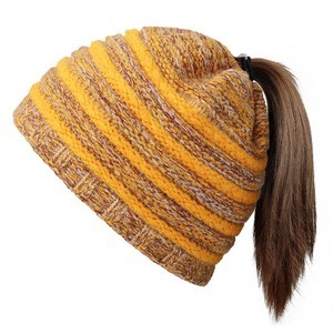 Winter Warm Striped Ponytail Beanie