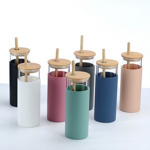 16.8oz Wood Lid Silicone Sleeve Glass Tumbler