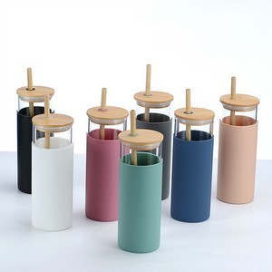 16.8oz Wood Lid Silicone Sleeve Glass Tumbler