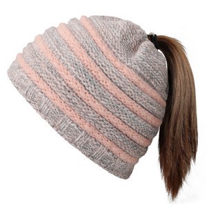 Winter Warm Striped Ponytail Beanie