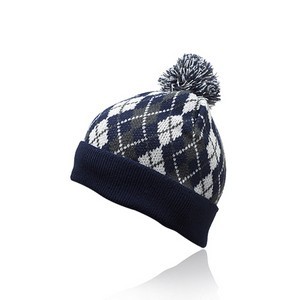 Diamond Pattern Knitted Pompom Beanie