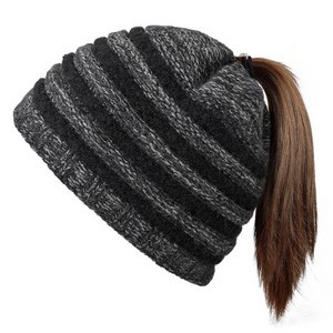 Winter Warm Striped Ponytail Beanie
