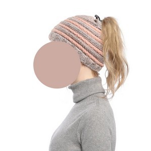Winter Warm Striped Ponytail Beanie