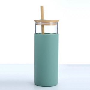 16.8oz Wood Lid Silicone Sleeve Glass Tumbler