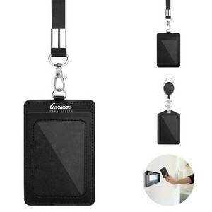 Leather Badge Holder with Retractable Clip and Lanyard