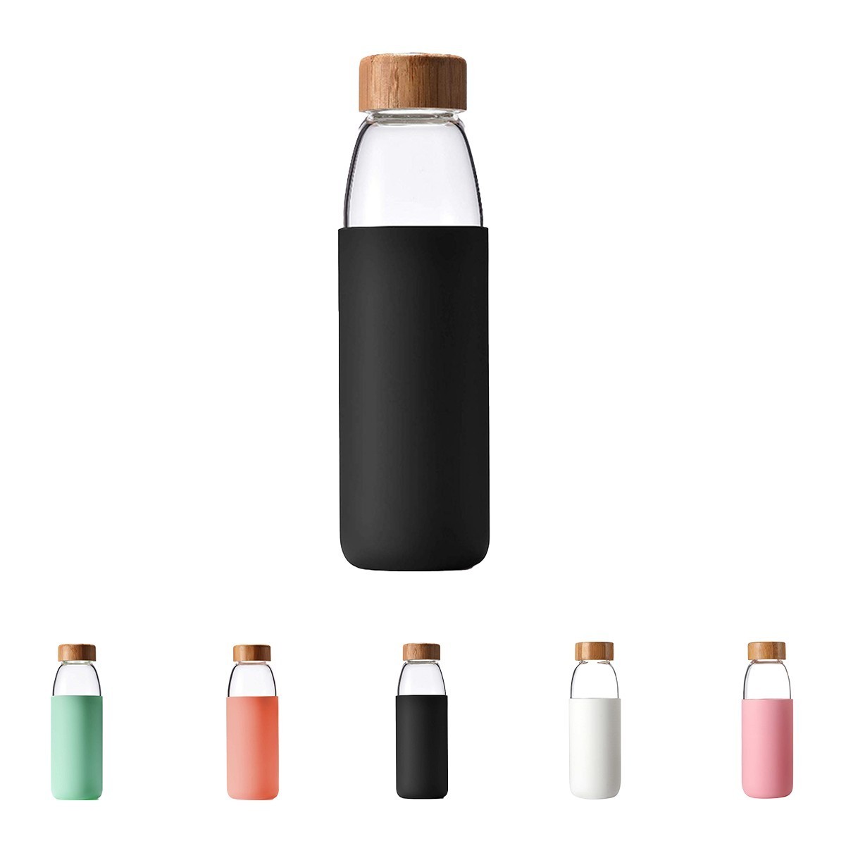 18oz Borosilicate Glass Water Bottle with Bamboo Lid and Silicone Sleeve
