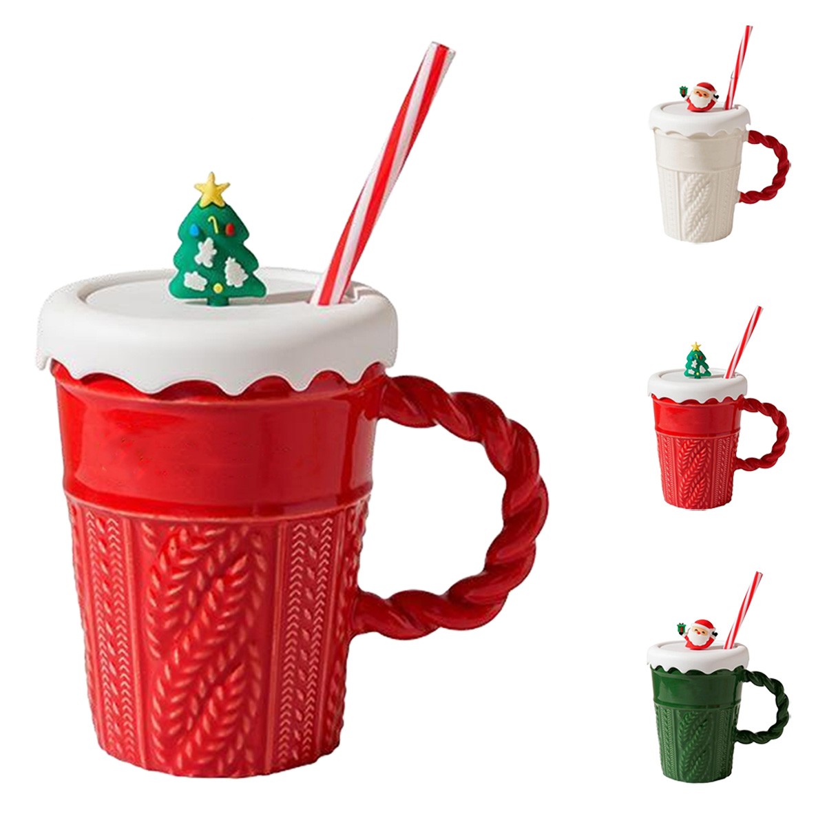13.5 oz Festive Ceramic Christmas Coffee Cup with Lid and Straw