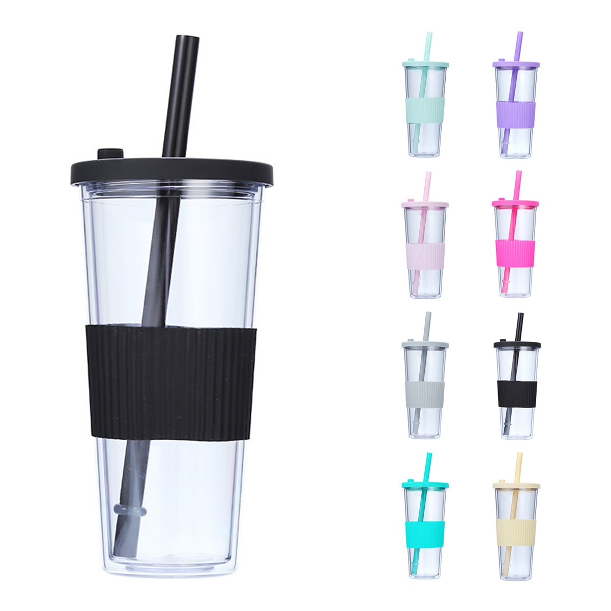 24oz Double Wall Insulated Plastic Tumbler with Silicone Sleeve and Straw