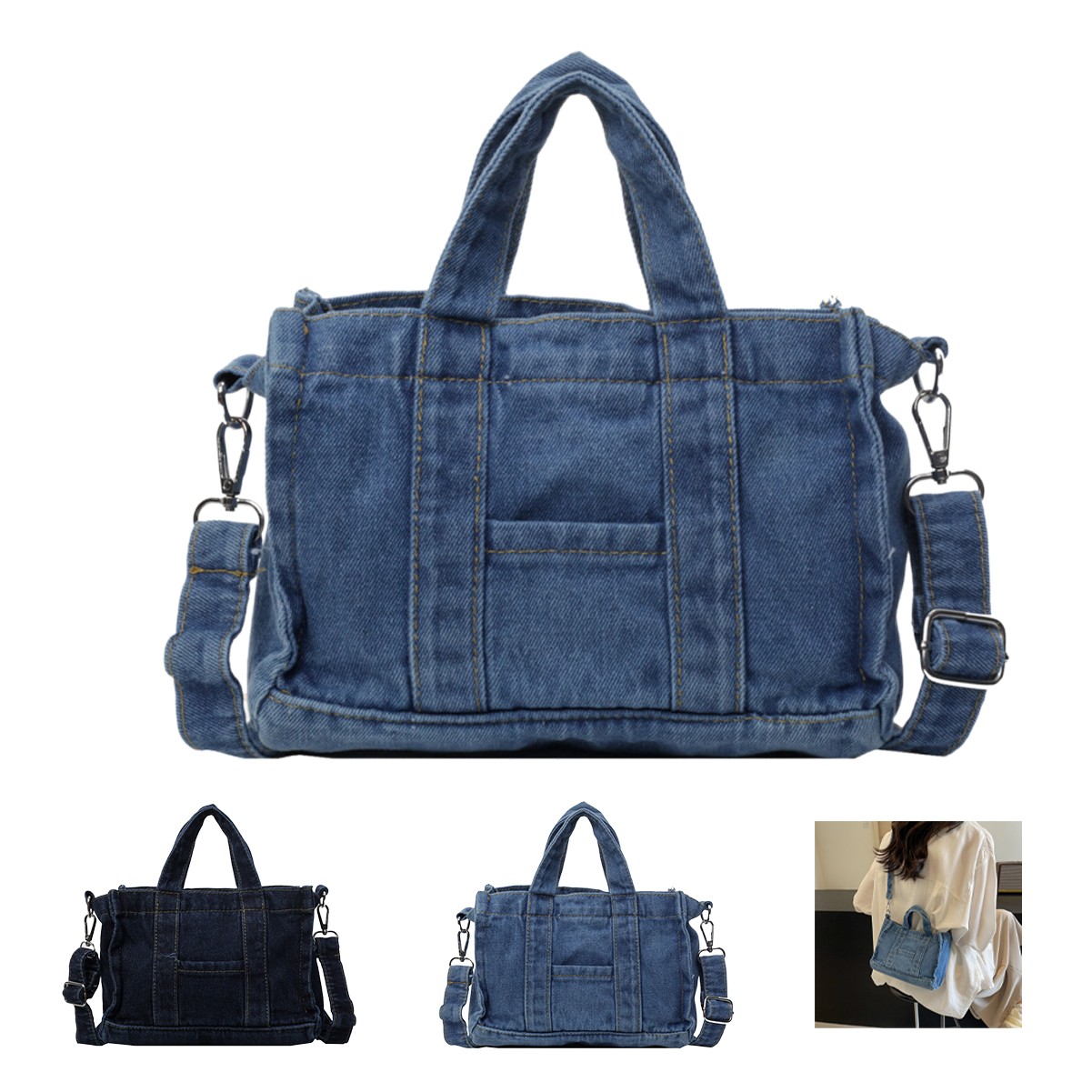 Retro Denim Tote Bag with Exterior Pocket