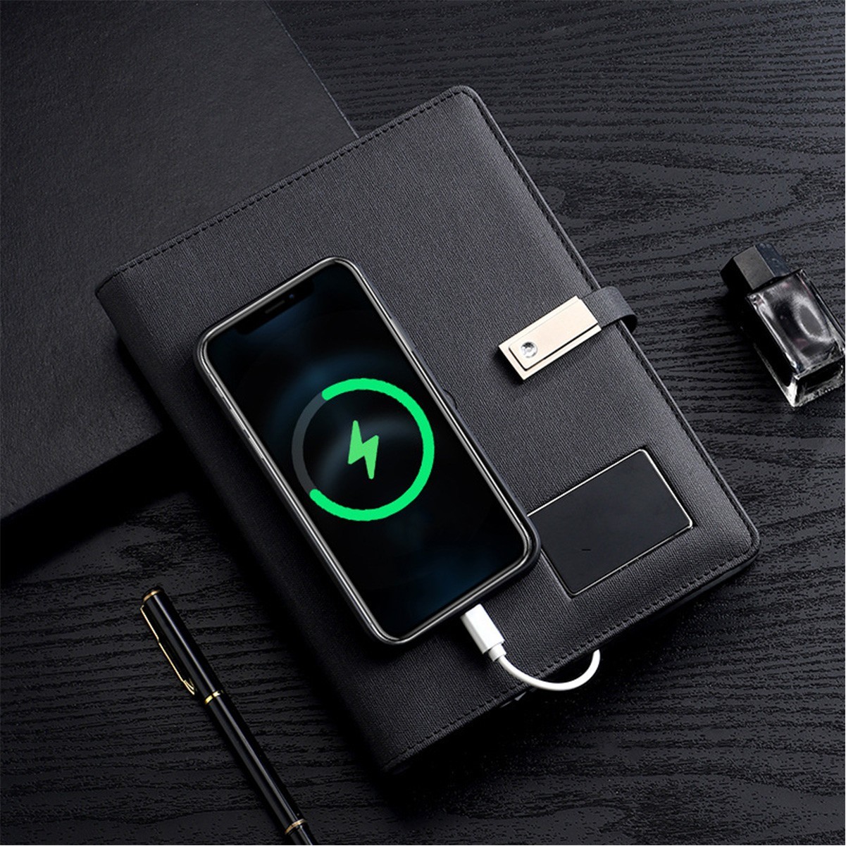 Premium A5 Leather Charging Notebook with Built-In 16GU Disk and 8000 mAh Power Bank