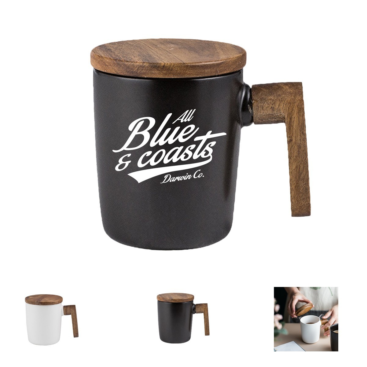 12oz Acacia Wood Handled Ceramic Mug with Lid