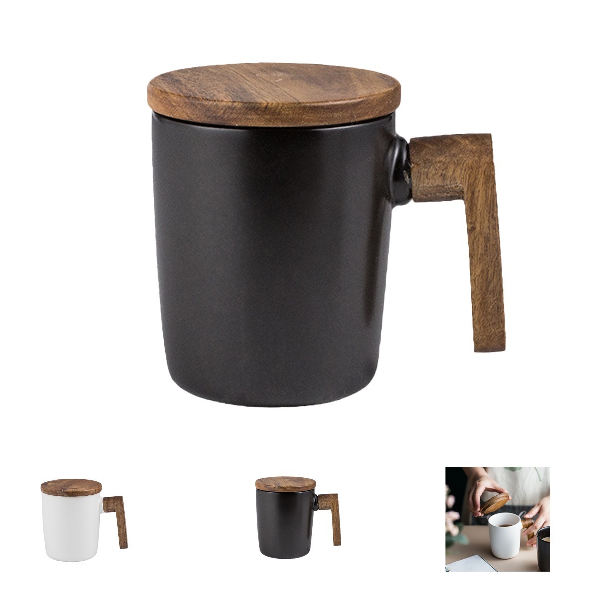 12oz Acacia Wood Handled Ceramic Mug with Lid