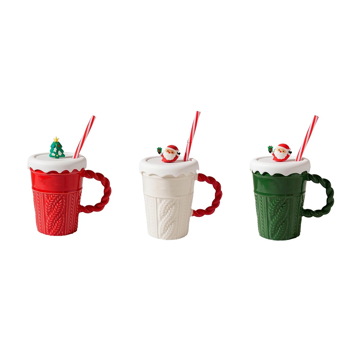 13.5 oz Festive Ceramic Christmas Coffee Cup with Lid and Straw