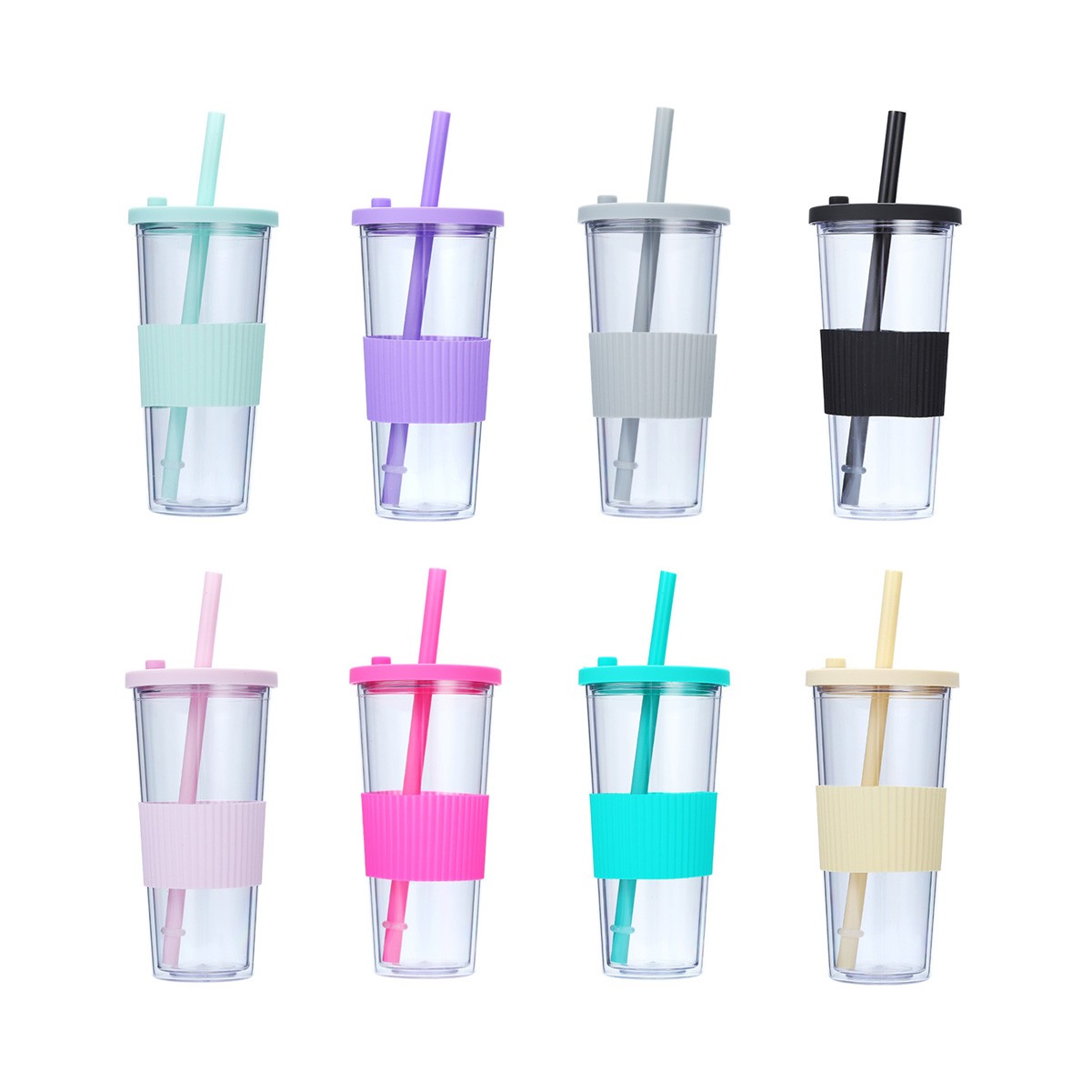 24oz Double Wall Insulated Plastic Tumbler with Silicone Sleeve and Straw