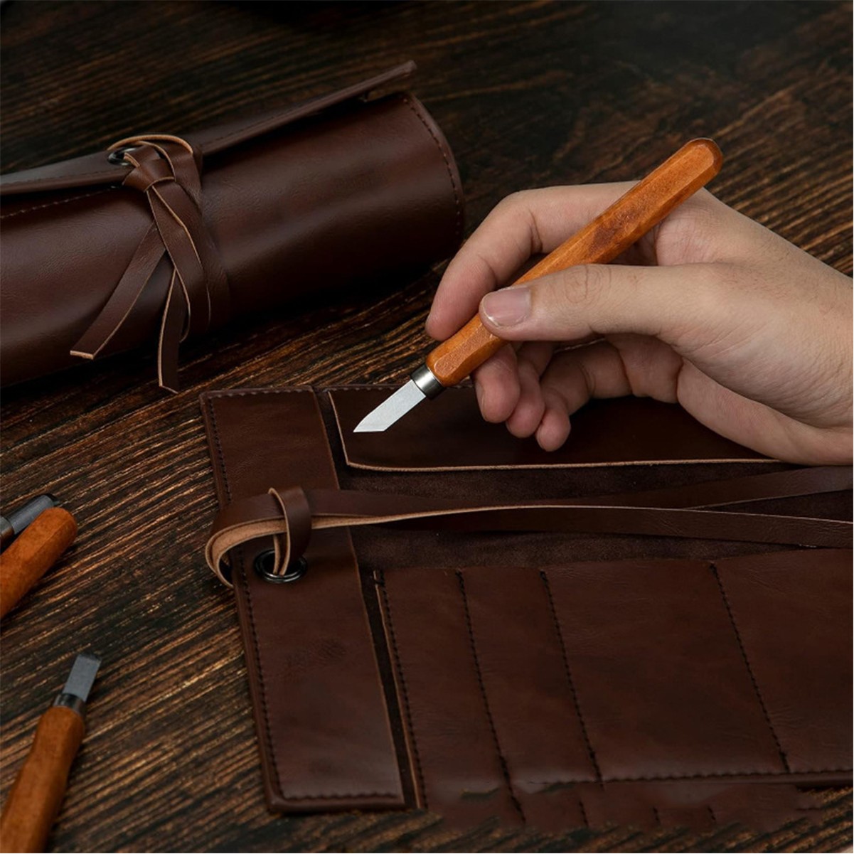 Leather Roll Up Pencil Bag
