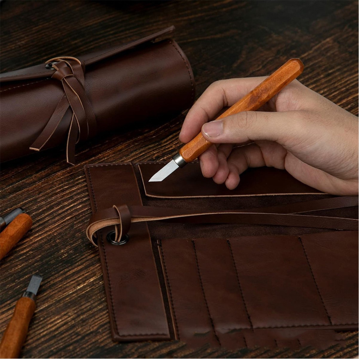 Leather Roll Up Pencil Bag
