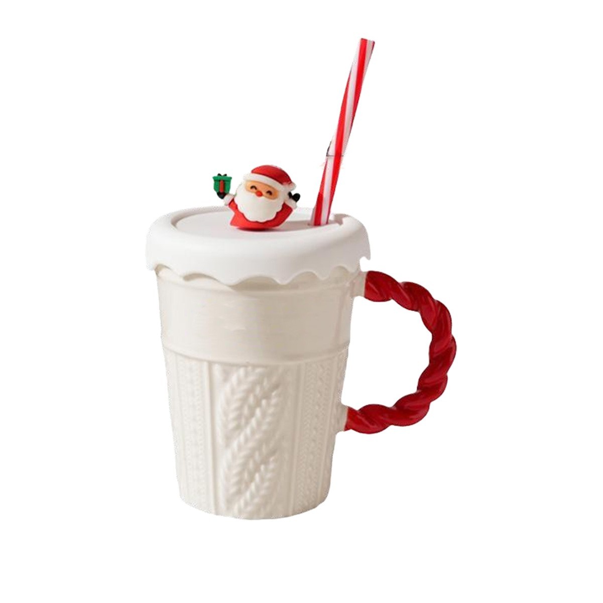 13.5 oz Festive Ceramic Christmas Coffee Cup with Lid and Straw