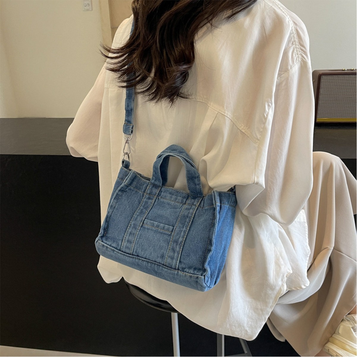 Retro Denim Tote Bag with Exterior Pocket