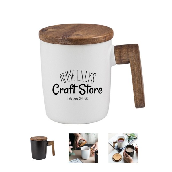 2oz Ceramic Coffee Mug with Wooden Handle and Lid