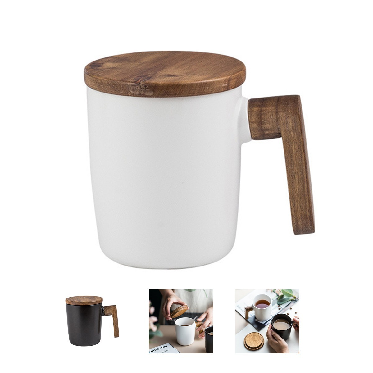 2oz Ceramic Coffee Mug with Wooden Handle and Lid