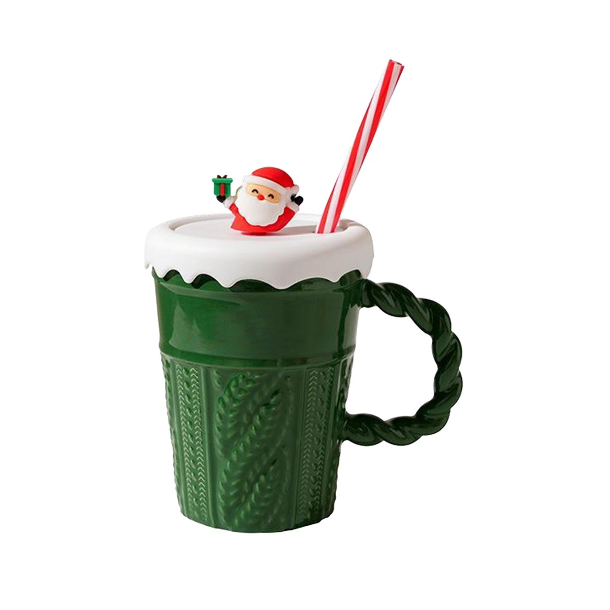 13.5 oz Festive Ceramic Christmas Coffee Cup with Lid and Straw