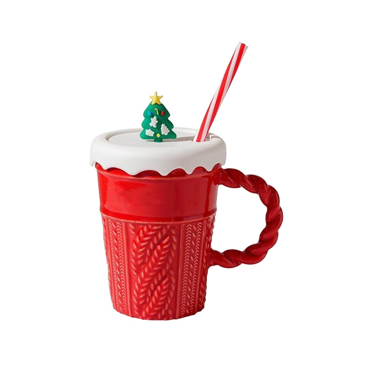 13.5 oz Festive Ceramic Christmas Coffee Cup with Lid and Straw
