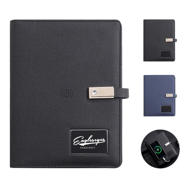 Premium A5 Leather Charging Notebook with Built-In 16GU Disk and 8000 mAh Power Bank