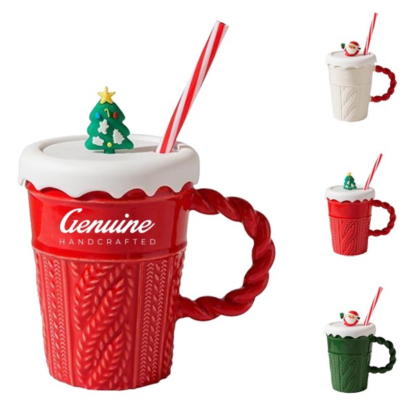 13.5 oz Festive Ceramic Christmas Coffee Cup with Lid and Straw