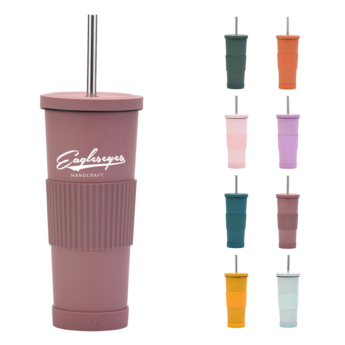 24OZ Insulated Stainless Steel Tumbler with Non-Slip Sleeve & Straw