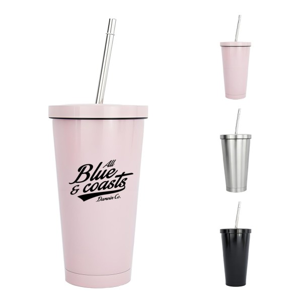16oz Insulated Stainless Steel Beverage Tumbler with Lid & Straw