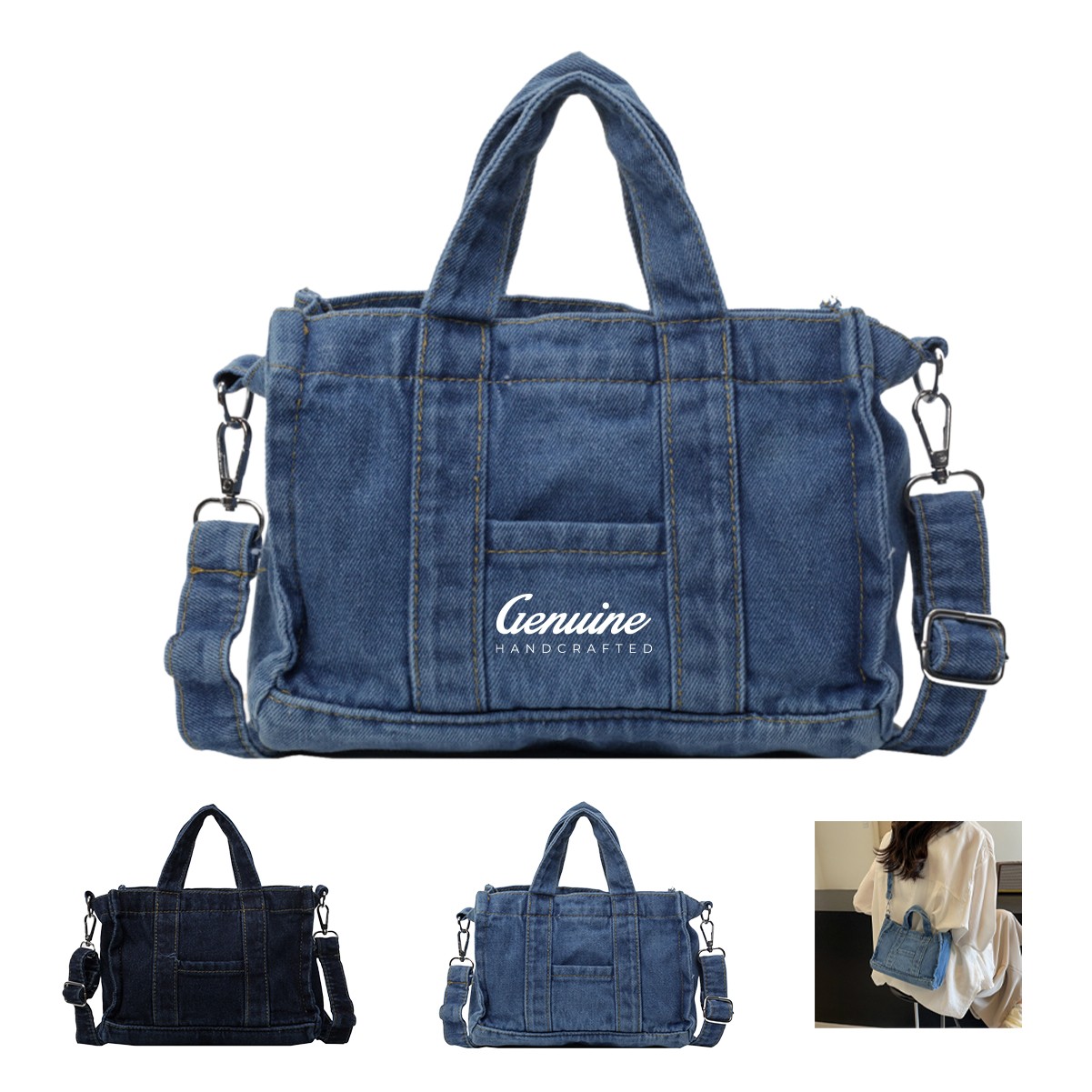 Retro Denim Tote Bag with Exterior Pocket
