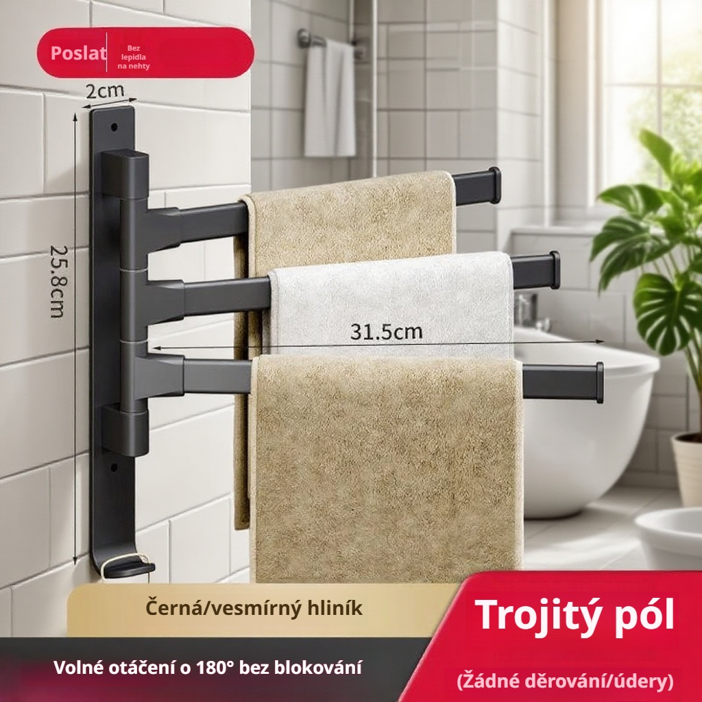 Čeština: Nástěnný koupelnový držák na ručníky v šedé barvě, bez vrtání, hliníkový, s více rameny