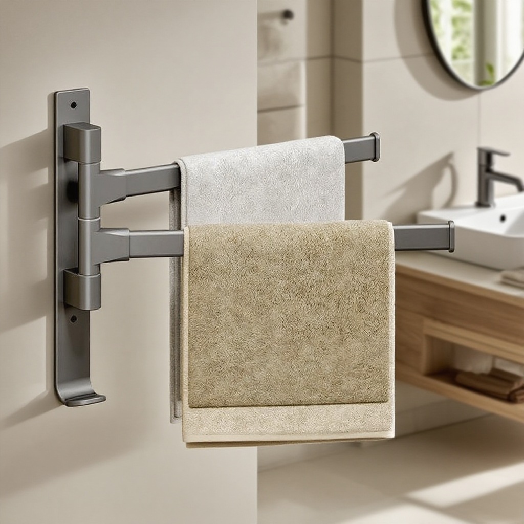 Čeština: Nástěnný koupelnový držák na ručníky v šedé barvě, bez vrtání, hliníkový, s více rameny