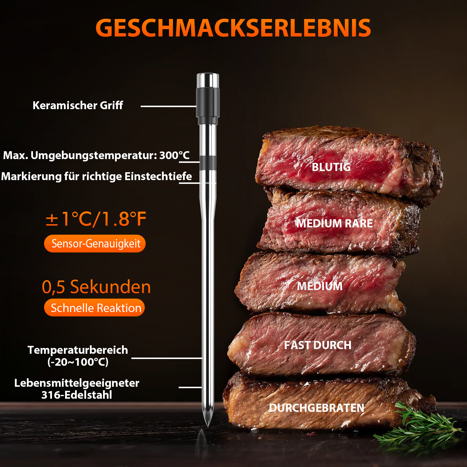 Grillpar BQ-60 – Kabelloses Bluetooth-Grillthermometer für Fleisch, Smoker und Grill