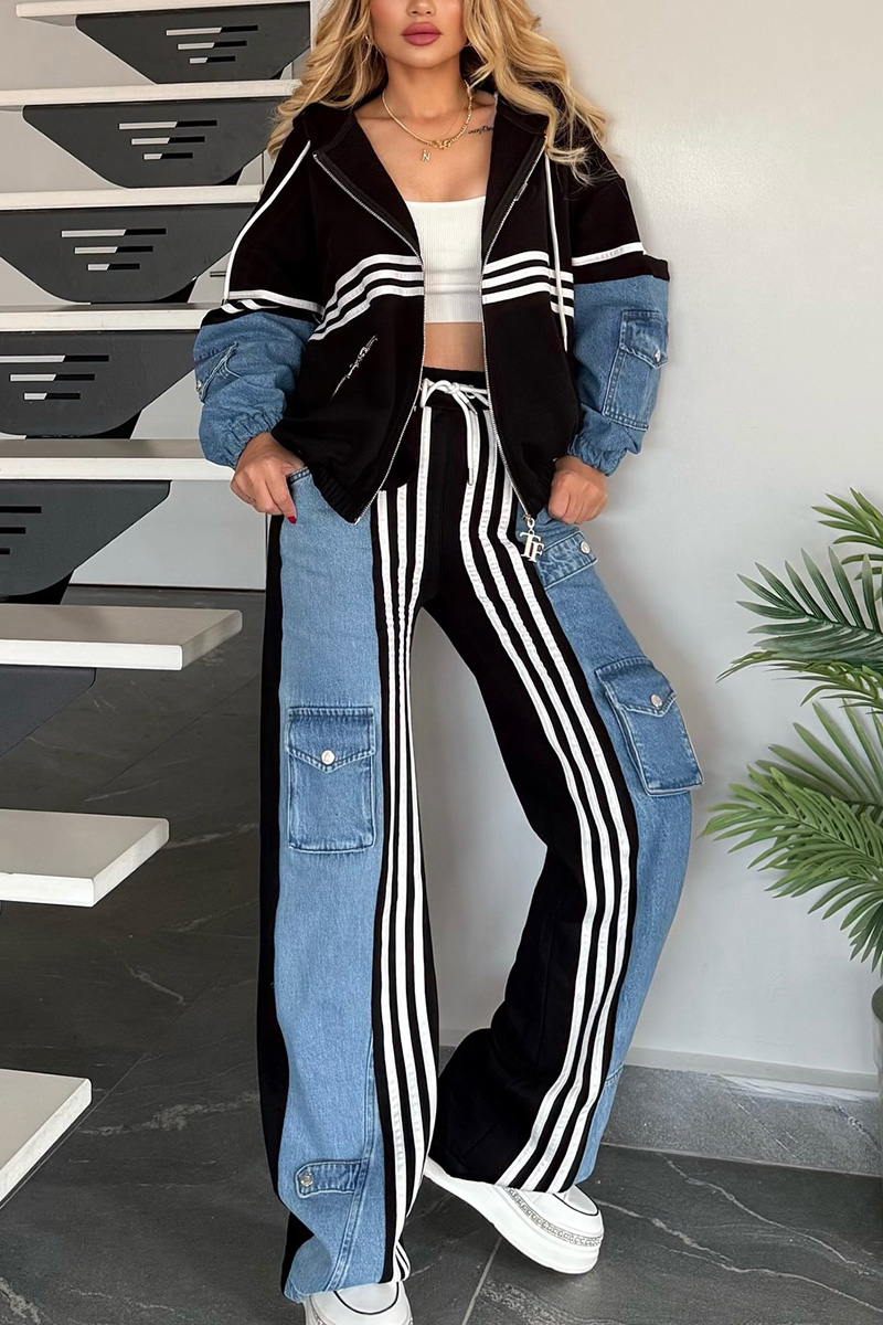 Women's Denim Patchwork Hooded Jacket + Cargo Pockets Side-Panels Jeans Sets