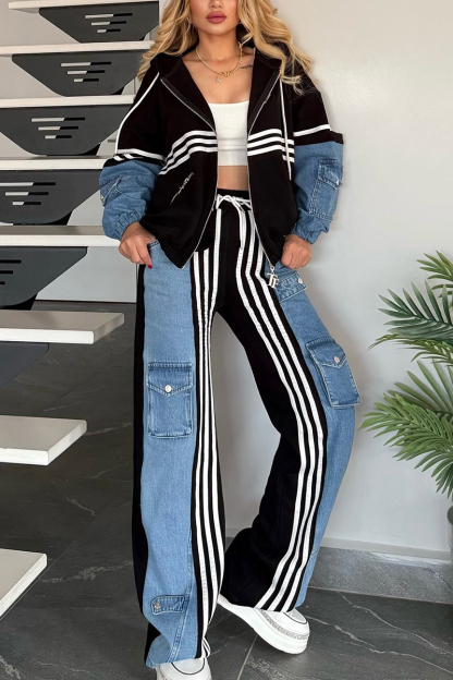 Women's Denim Patchwork Hooded Jacket + Cargo Pockets Side-Panels Jeans Sets