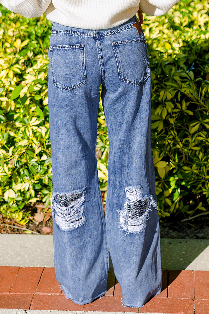 Women's Fashion Sequin Ripped Washed Jeans