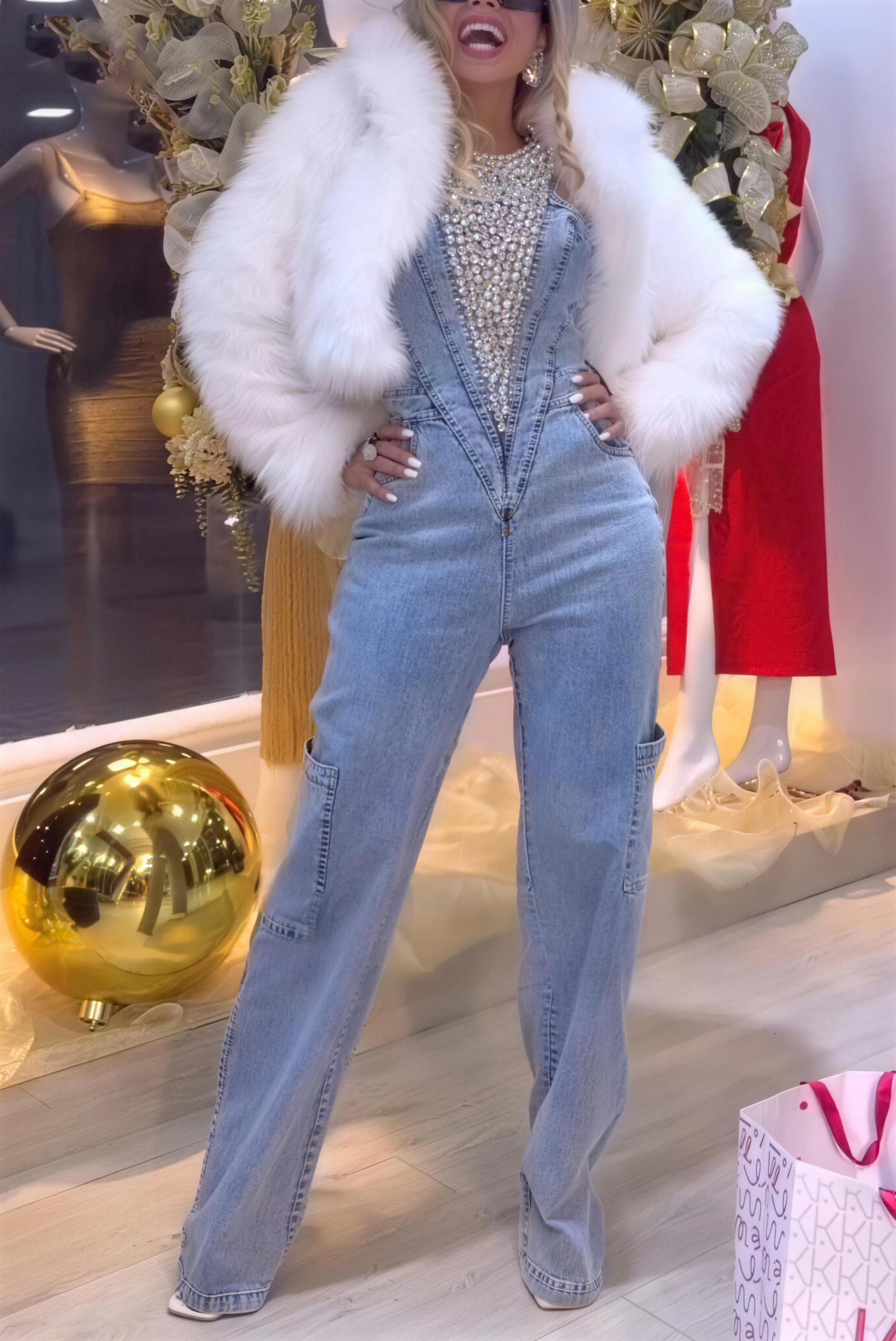 Dazzling Rhinestone Denim Jumpsuit For Women