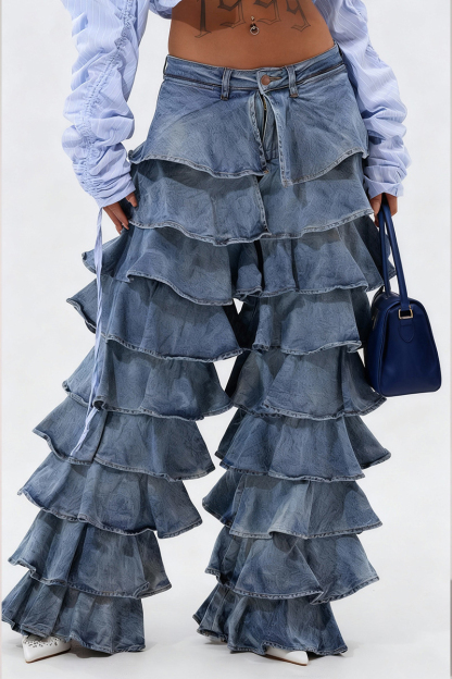 Women's Modern Flounce Hem Jeans With Frill Detail