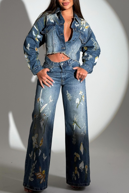 Ladies Embroidered Cropped Jacket + Floral Jeans Sets