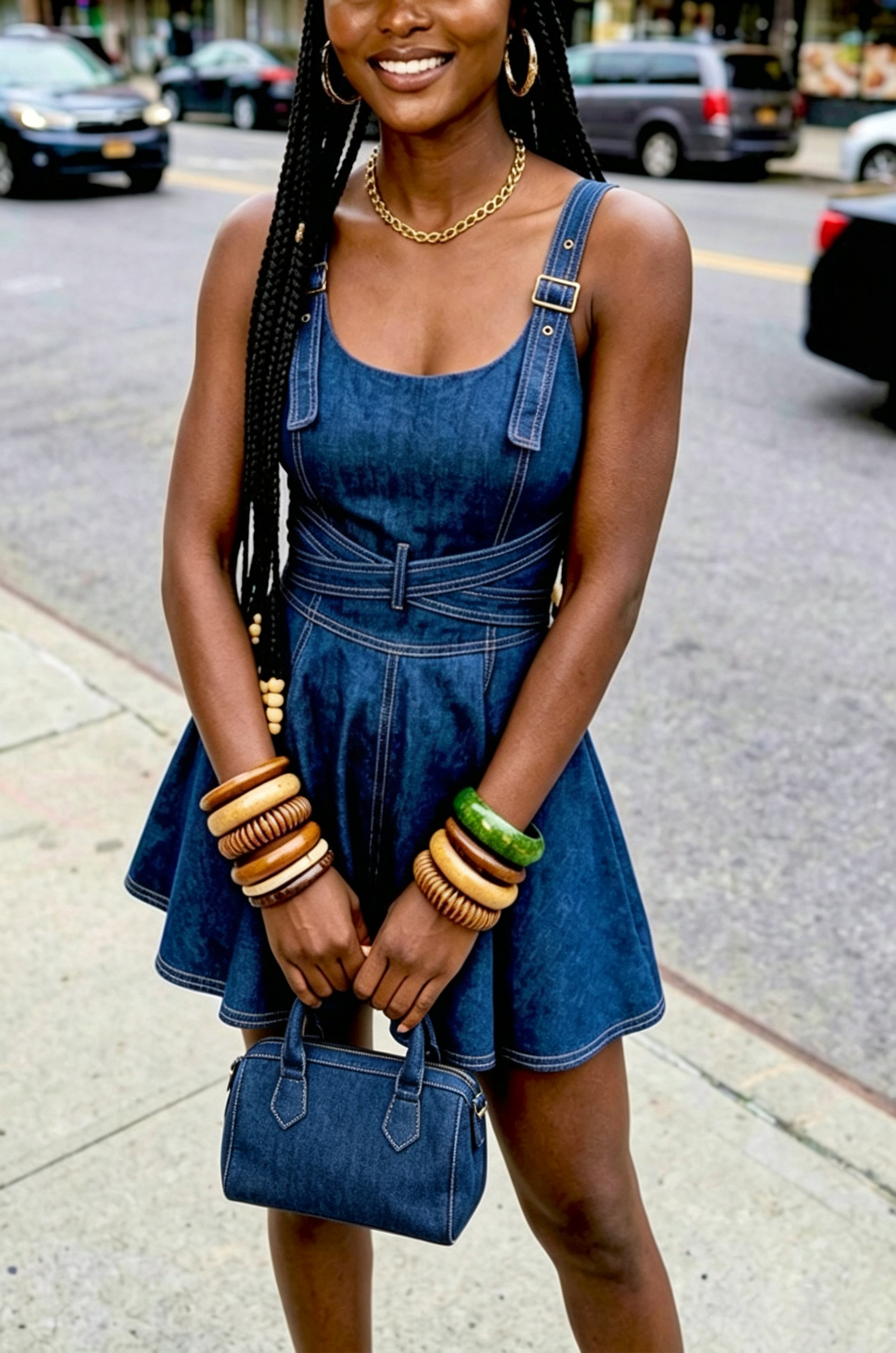 Women's Fashion Waist Cinching A-Line Hem Spaghetti Strap Denim Mini Dress