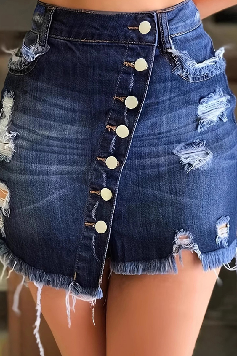 Sexy Button Front Raw Trim Denim Skirts