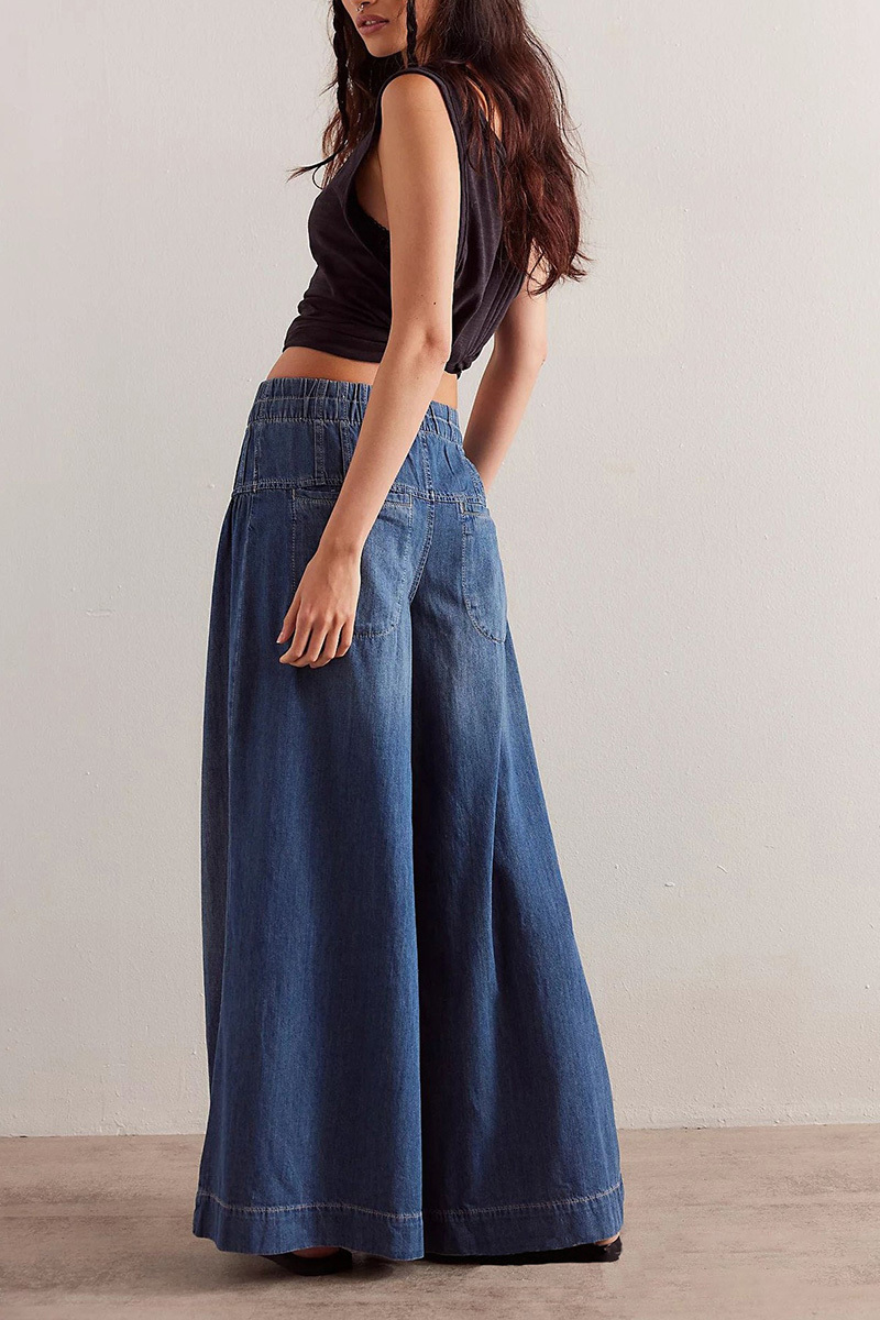 Casual Pleated Mid Rise Drawstring Relaxed Wide Leg Jeans