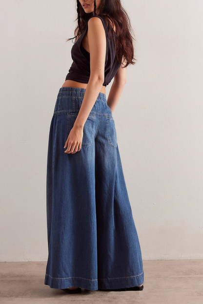 Casual Pleated Mid Rise Drawstring Relaxed Wide Leg Jeans