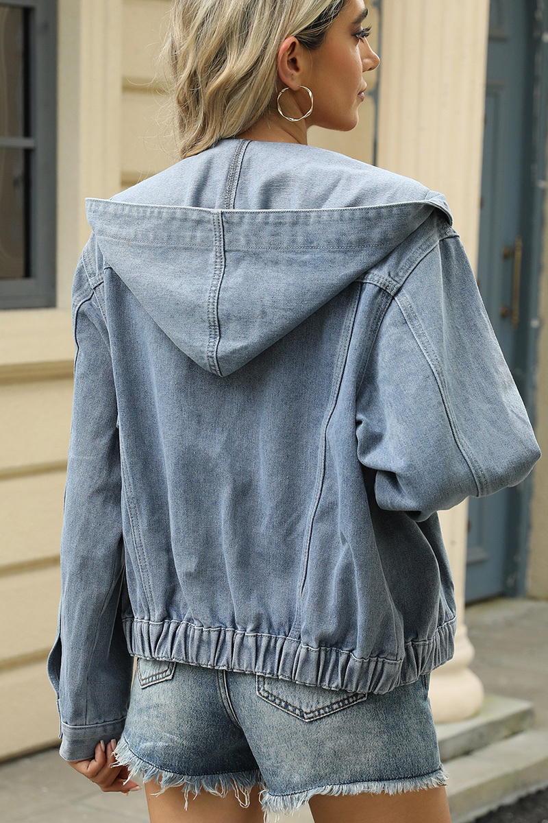 Casual Washed Hooded Elastic Hem Denim Jacket