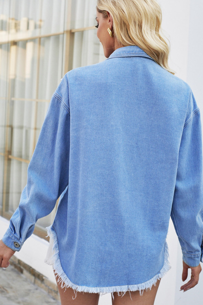 Casual Loose Fit Beaded Raw Hem Denim Top