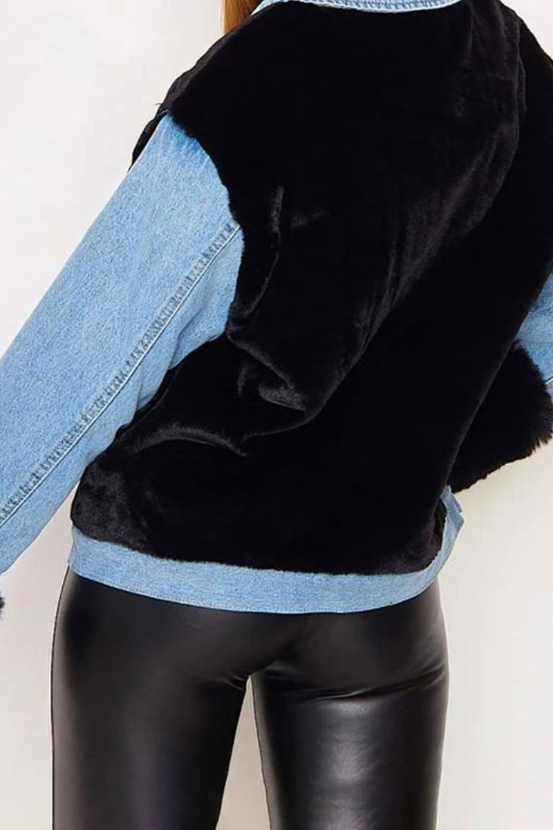 Casual Plush Paneled Denim Insulated Coats