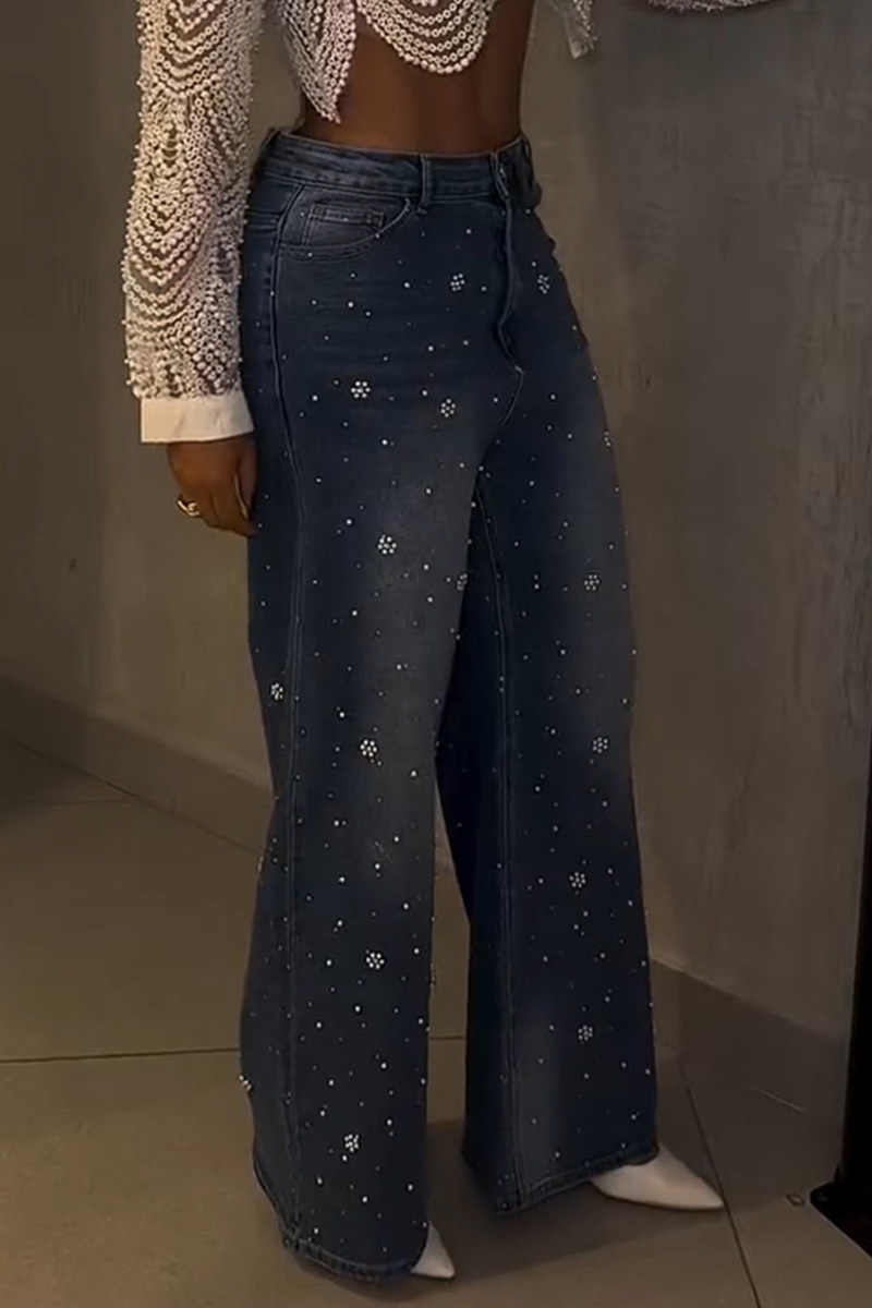 Fashion Shiny Pearl Embedded Wide Leg Jeans