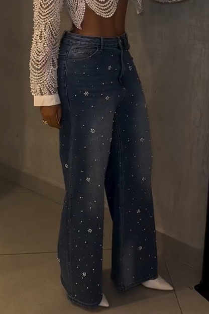 Fashion Shiny Pearl Embedded Wide Leg Jeans